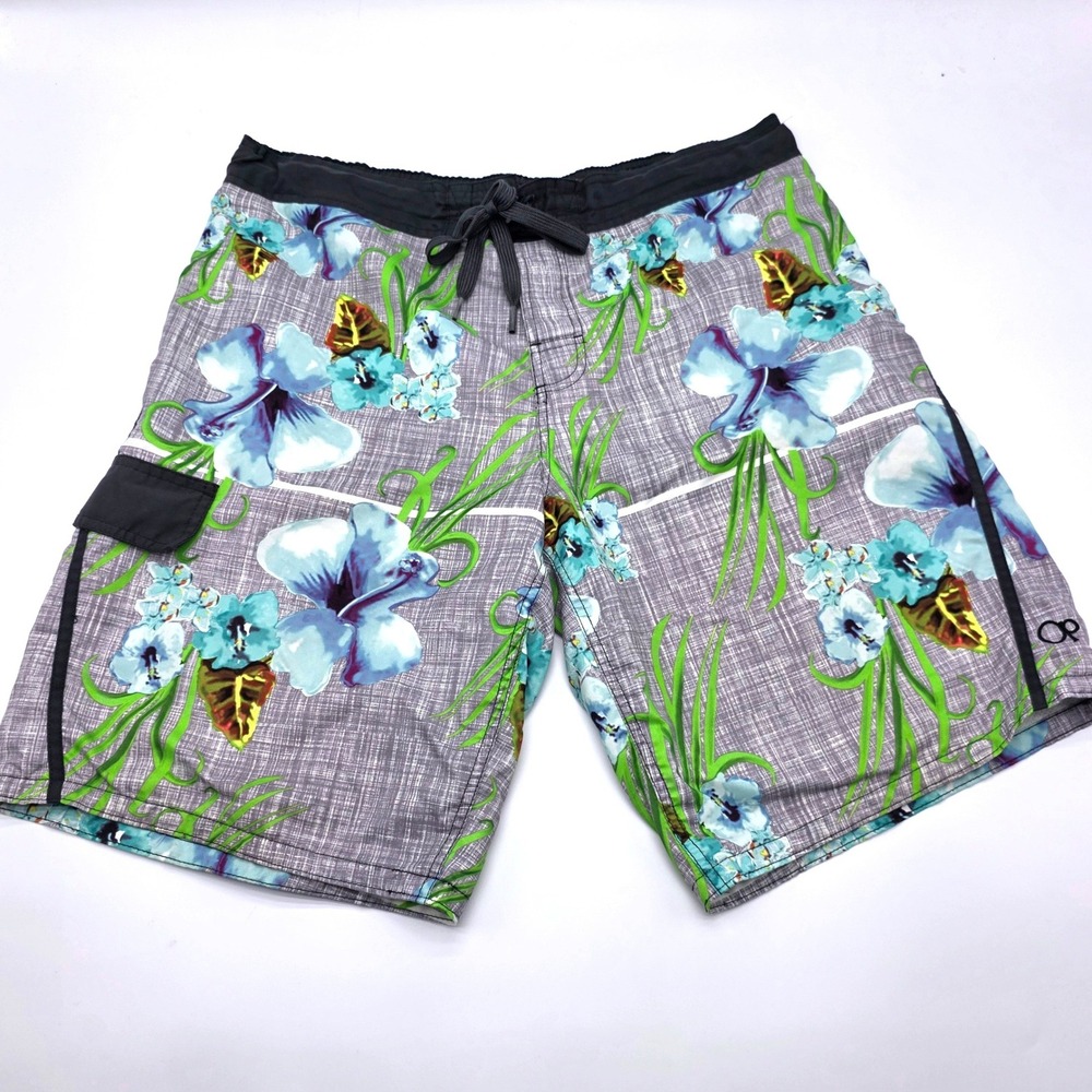 Ocean Pacific Mens Board Shorts Floral Tropical Greystone Blue OM25222Y Size L